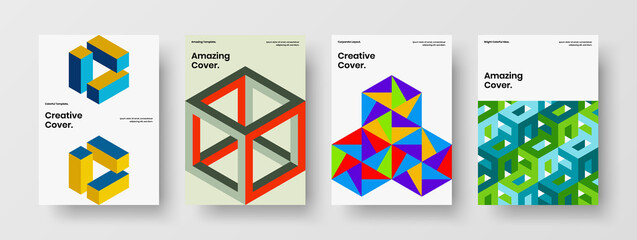 Minimalistic mosaic shapes flyer concept bundle. Amazing magazine cover A4 design vector template composition.