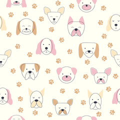 Seamless childish pattern with dog animal faces. Creative nursery background