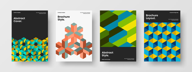 Vivid presentation A4 vector design illustration set. Fresh geometric hexagons handbill template collection.