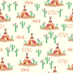Teepee pattern. Wigwam native american summer tent illustration. Indian background pattern. © MichiruKayo