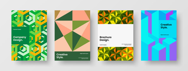 Simple geometric pattern booklet layout collection. Bright company identity A4 design vector template bundle.