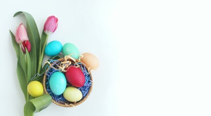Easter spring still life with colorful eggs and pink tulips on a white background. Background for a greeting card.