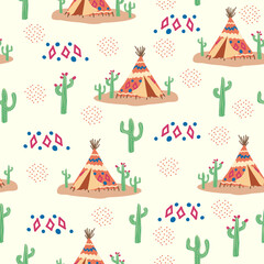 Teepee pattern. Wigwam native american summer tent illustration. Indian background pattern. © MichiruKayo