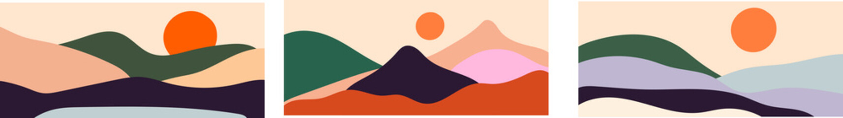 Collection of modern simple minimalist landscapes: mountains and sun