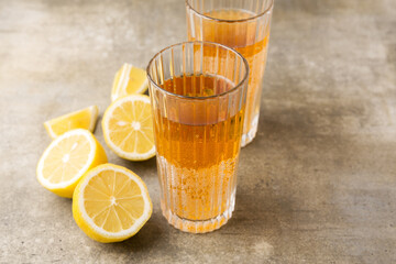 Summer refreshing carbonated drink. Drinks with sparkling mineral water