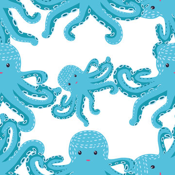 Seamless pattern with cute octopus, seaweed and pearl. Trendy nursery background