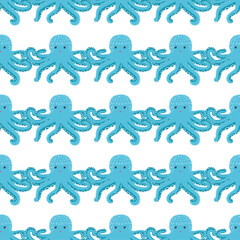 Seamless pattern with cute octopus, seaweed and pearl. Trendy nursery background