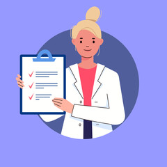 Avatar of smiling female doctor or nurse in white lab coat holding sign with list of recommendations, instructions, tips in her hands. Characters are isolated. Flat color illustration. Vector.
