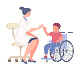 Nurse or doctor with boy in wheelchair in hospital for patients with disabilities, injuries. Rehabilitation, psychological assistance. Vector characters flat cartoon illustration.