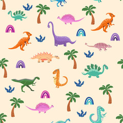 Hand drawn cute dinosaurs seamless pattern. Childrens pattern with dinos, rainbows, clouds, stars, polka dots © MichiruKayo