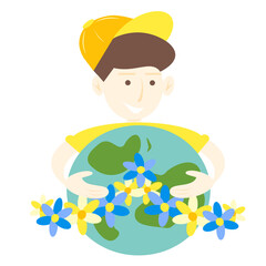 Earth day vector illustration. World peace. The guy hugs the Earth. The guy in the cap. Isolated