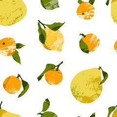 Seamless pattern with citrus fruits: juicy lemon, lime, mandarin, orange, clementine, pomelo. Fresh ripe fruit, healthy organic food. Vector flat cartoon botanical background