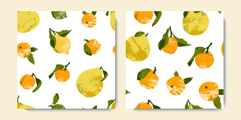 Seamless pattern with citrus fruits: juicy lemon, lime, mandarin, orange, clementine, pomelo. Fresh ripe fruit, healthy organic food. Vector flat cartoon botanical background - obrazy, fototapety, plakaty
