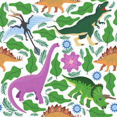 Obraz premium Hand drawn seamless pattern with dinosaurs and tropical leaves and flowers. Cute dino design.