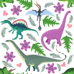 Doodle dinosaur pattern. Seamless textile dragon print, trendy childish fabric background, cartoon dinosaurs.