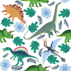 Naklejka premium Doodle dinosaur pattern. Seamless textile dragon print, trendy childish fabric background, cartoon dinosaurs.