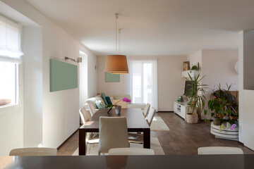 Open space view of modern apartment with kitchen with island, large table with chairs and a sofa in the background