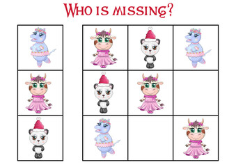 Sudoku game for children with pictures. Kids activity sheet. Cartoon animal
