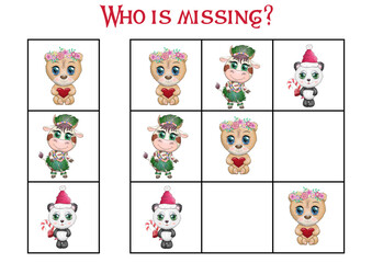 Sudoku game for children with pictures. Kids activity sheet. Cartoon animal
