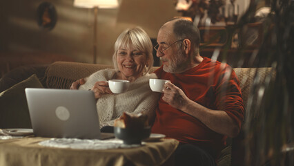 Elderly husband and wife drinking tea and talking while relaxing on couch and watching movie on netbook in living room at home