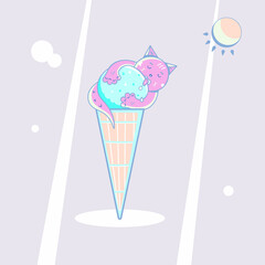 Pink cat, kitten, kitty eating an ice cream on sunny day. Colorful feline pet lying on a big ice cream, sweet and enjoying an ice cream ball, framed by sun, circles and rays of light.