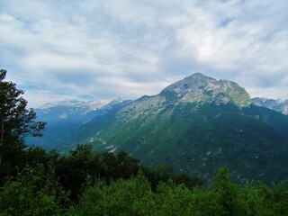 View of mountains Rombon and Kanin above Bovec in Julian alps and Triglav national park, Slovenia