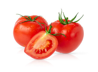 Three isolated tomatoes on white background with clipping path