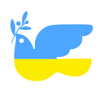 recommend clip art: Flying dove in the colors of the national flag of Ukraine holds laurel branch. Peace symbol, no war concept. Isolated vector illustration. support for ukraine
