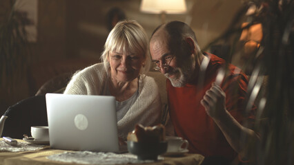 Elderly husband and wife smiling and talking while sitting on couch and watching music video on netbook in cozy living room together