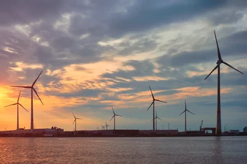 Gordijnen Wind turbines power electricity generators in Antwerp port on sunset. Antwerp, Belgium © Dmitry Rukhlenko