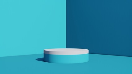 White and cyan pedestal for cosmetics and products promotion blank tamplate concept. Blu abstract minimalistic background. Pastel colors realistic 3d render. Place for text, copy space, text area