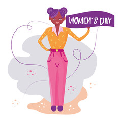 Standing afroamerican girl holding poster Happy women day Vector