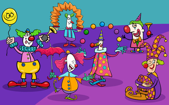 cartoon funny circus clowns characters group