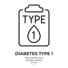 Type 1 diabetes editable stroke outline icon isolated on white background flat vector illustration. Pixel perfect. 64 x 64.