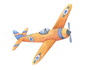 Vintage airplane, toy, hand drawn watercolor illustration isolated on white background. Image for children's design, poster, postcard. © svetla27