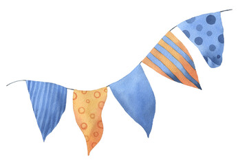 Orange and blue flags, festive decor. Illustration painted in watercolor on a white background. Image for a holiday, children's design, decoration.