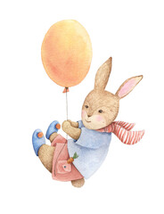 Obraz na płótnie Canvas Cute hare on a balloon, greeting card. Watercolor illustration hand drawn on a white background. Image for postcard, children's design, congratulations, print, poster.