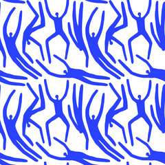Abstract blue people body seamless pattern illustration. Vintage collage style figure background of men and women in diverse poses.