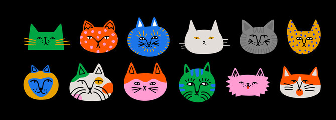 Funny cat animal head cartoon set in colorful flat illustration style. Cute kitten pet collection, diverse domestic cats.