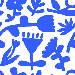 Blue color flower seamless pattern illustration. Children style floral doodle background, funny basic nature shapes wallpaper.