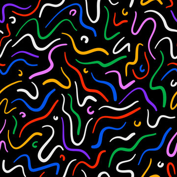 Fun colorful line doodle seamless pattern. Creative retro 90s style art background for trendy design with basic shapes. Simple colord scribble backdrop.