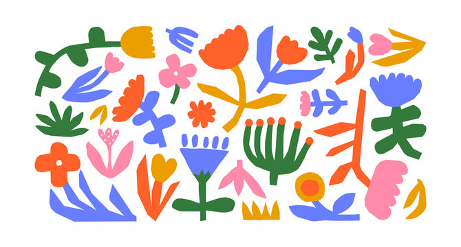 Funny colorful flower drawing illustration set. Children style floral doodle cartoon collection, hand drawn basic nature shapes on isolated background.