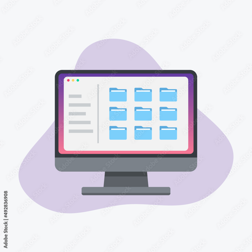 Wall mural file management concept. data storage on computer display. folders, documents and media content expl