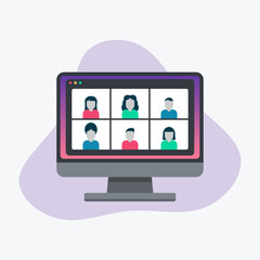 Video conference call concept. Colleagues talk to each other on the computer screen. Work from home. Online meeting. Flat vector illustration.