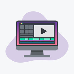 Video editing software concept. Film making on computer display. Animator, content creator. Flat vector illustration.