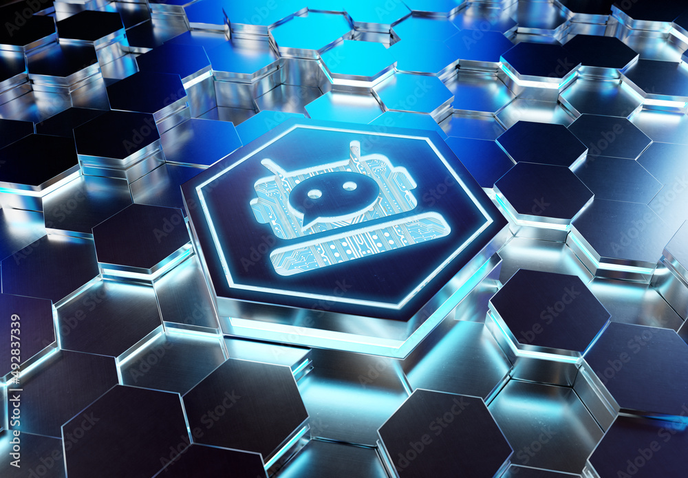 Aufkleber Chatbot icon concept engraved on metal hexagonal pedestral background. Chat bot assistance logo glowing on abstract digital surface. 3d rendering