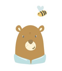 Brown bear in a shirt. The bee flies around the bear. Cartoon bear.