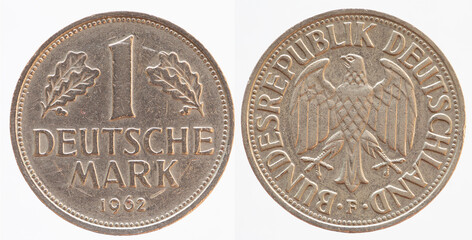 Germany - circa 1962: a 5 DM coin of Germany with the federal eagle and the text Federal Republic...