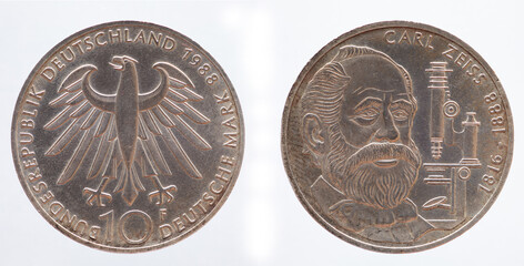 Germany - circa 1988: a 10 DM coin of Germany with a portrait of the mechanic and entrepreneur Calr...