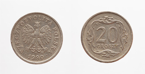 Poland - circa 1990: a 20 groszy coin of Poland with the coat of arms eagle of Poland.